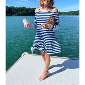 Cabana Life Off The Shoulder Striped Peplum Hem Dress Blue Ivory Women's Medium